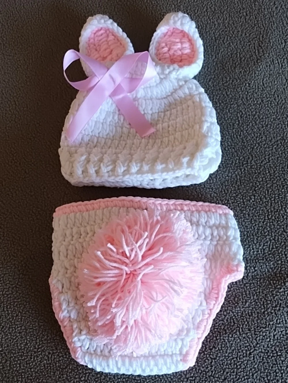 Baby Crochet Set Bunny Hat and Diaper Cover Soft Baby Shower Gift Pink White